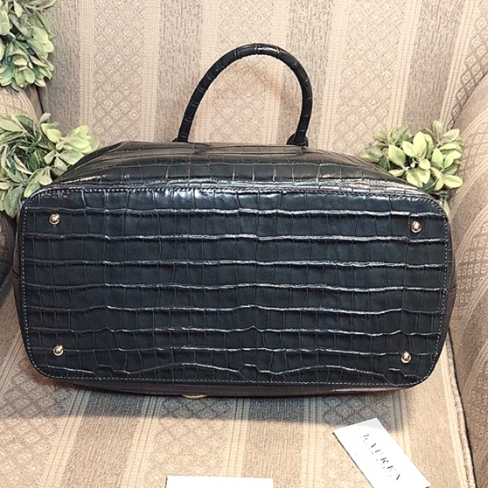 Lauren Ralph Lauren Black Croc-Embossed Patent Satchel with Crest - Picture 7 of 16